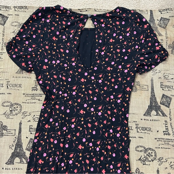 Free People NWOT! Black Pink Floral Puff Sleeve Crew Neck Midi Stretch Dress - Picture 11 of 16